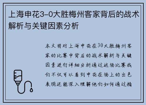 上海申花3-0大胜梅州客家背后的战术解析与关键因素分析